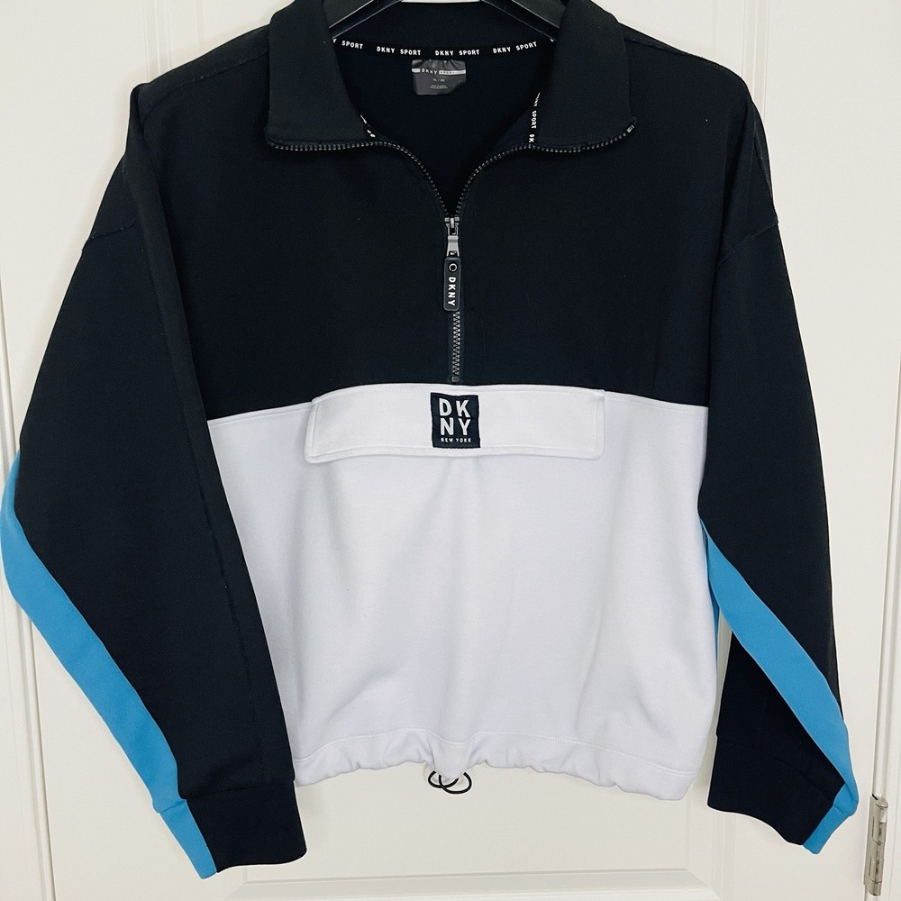 DKNY Sport Women's 1/2 Zip Pullover Colorblock Black Blue White XL